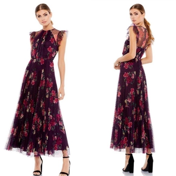 Ieena for Mac Duggal Purple Floral Cap Sleeve A-Line Tulle Dress NEW Size 8 $398